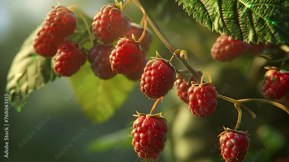 A bundle of sweet, fragrant raspberries on a vine A bundle of sweet, fragrant raspberries on a vine
