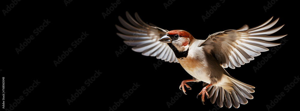House sparrow flying with spread wings on black background, banner copy space, free place for text House sparrow flying with spread wings on black background, banner copy space, free place for text