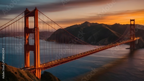 golden gate bridge at sunset. the sun sets over the golden gate bridge.