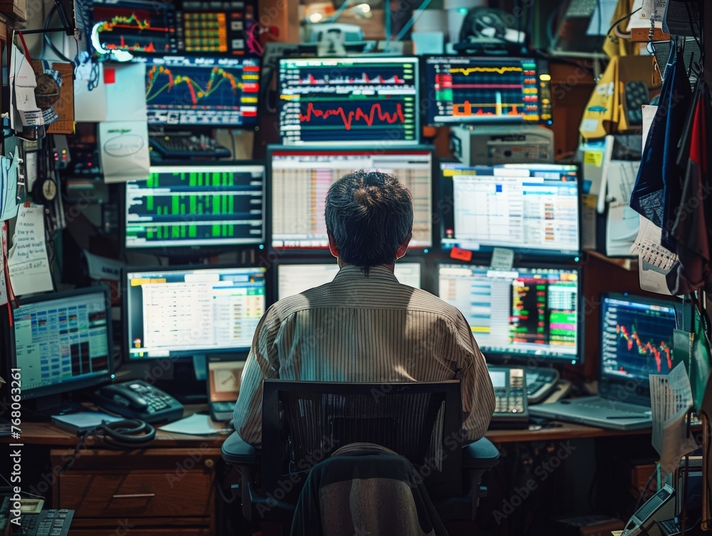 Trader Monitoring Multiple Screens with Market Data