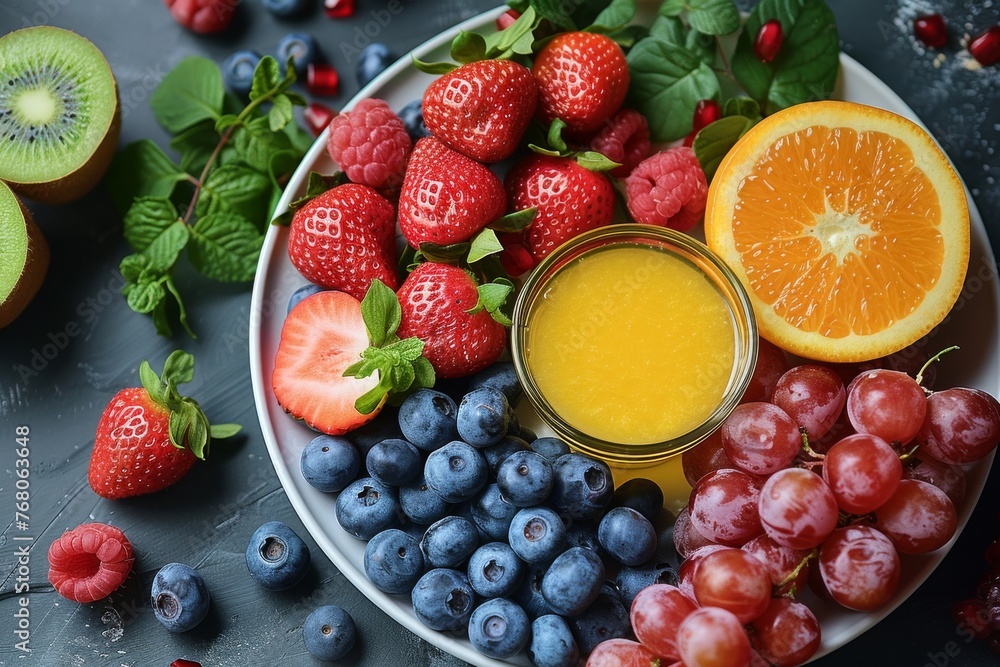 Colorful array of fresh mixed fruits with juice for a healthy snack. Delicious selection of berries, citrus, and tropical fruit on a dark backdrop. Colorful array of fresh mixed fruits with juice for a healthy snack. Delicious selection of berries, citrus, and tropical fruit on a dark backdrop.