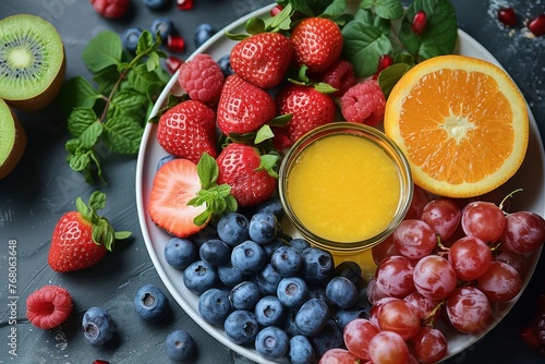 Colorful array of fresh mixed fruits with juice for a healthy snack. Delicious selection of berries  citrus  and tropical fruit on a dark backdrop.