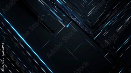 Abstract design of intersecting lines and geometric shapes highlighted by blue neon lights, evoking a sense of advanced technology.