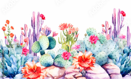 A colorful arrangement of cacti and flowers.