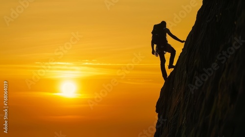 A Person climbing a mountain in the peak at sunset