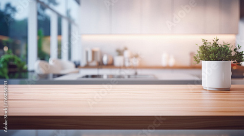 Wood Table Top Of Background In The Kitchen. Blur Interior Background