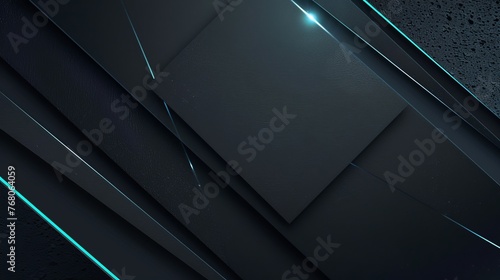 Matte black surfaces intersected by blue neon glow for an abstract design. Three-dimensional dark backdrop with bright neon accents. Modern abstract art with a tech edge and neon highlights. photo