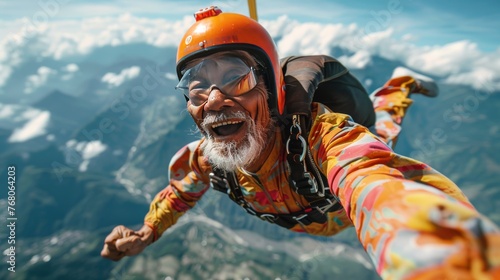 Exhilarated senior skydiving in bright attire over mountainous terrain. Energetic older man with orange helmet skydives, mountains beneath. Thrilled elderly skydiver against mountains and clear skies. © Irina.Pl
