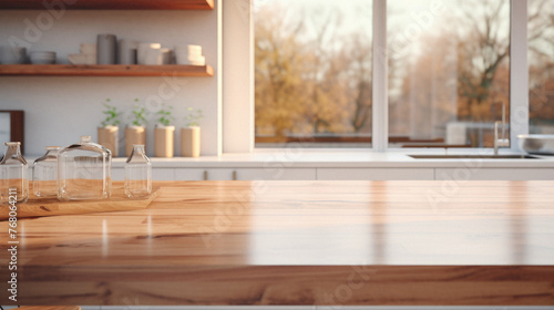 Empty wooden table in modern kitchen interior. Mock up, Rendering