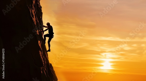 A Person climbing a mountain in the peak at sunset
