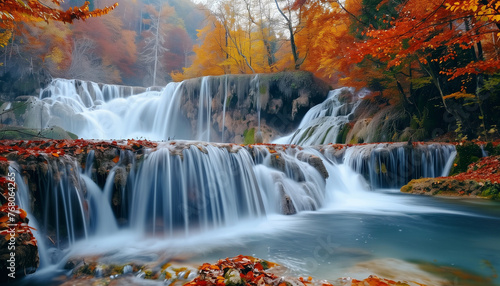 incredibly beautiful autumn waterfall in long exposure