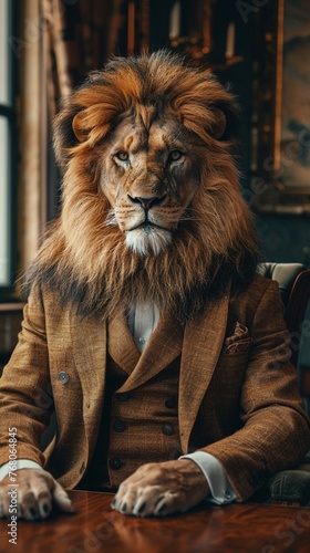 a lion in a sharp suit  leading a boardroom meeting  exuding confidence and authority  in an elegant office setting.