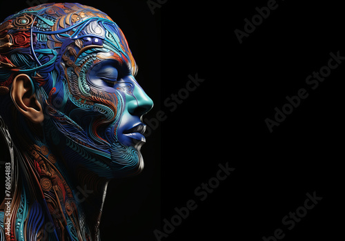 Healing energy art: Visual representations of healing energy. Colored human face on black background.