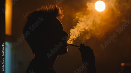 A shadowy figure illuminated only by the glow of a cigarette and a solitary light bulb, captured in a contemplative mood.