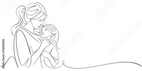 Mother and baby line art. Mom hugs child. Motherhood and newborn concept. Happy mother line vector illustration. Parent loving kid, happy mother day design for card