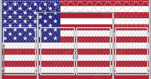 Vector illustration of USA flag under lattice. Concept of isolationism.
