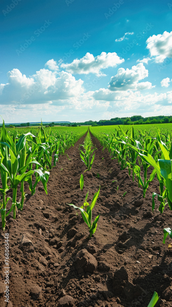 Agricultural field with green corn plants and blue sky with clouds Agricultural field with green corn plants and blue sky with clouds