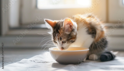 Cute tricolor cat drinks milk from a bowl