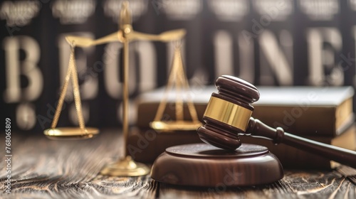Close-up of a judge gavel and balance scales set against a backdrop of legal books on a wooden surface.