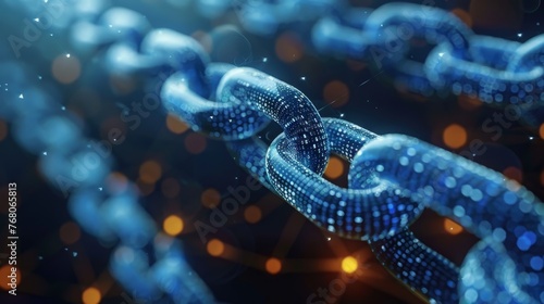 Digital representation of a blockchain with glowing blue links, symbolizing connectivity and secure technology on a dark background.