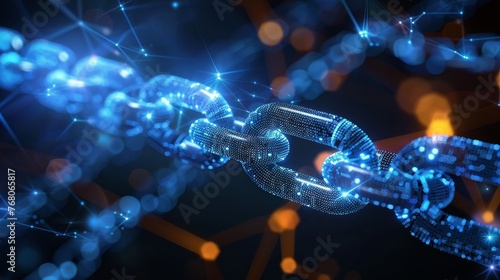 A conceptual image of a glowing blue digital blockchain with interconnected links, showcasing the idea of secure and advanced network technology.