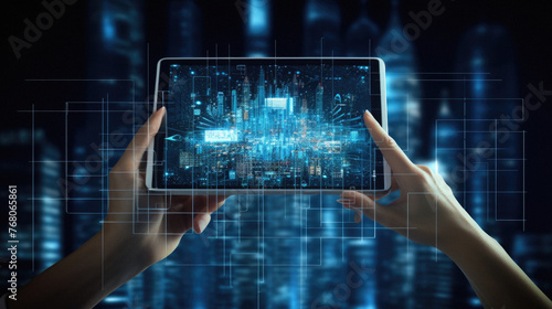 Close up of human hands holding tablet pc with glowing business hologram