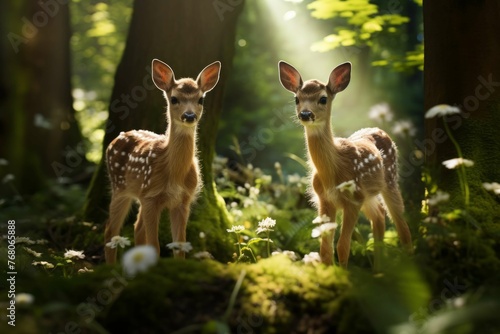 Baby deer frolicking in a sun-dappled forest © Michael Böhm