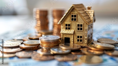 A golden miniature house model amid stacks of various coins, illustrating concepts of wealth, real estate investment, and asset growth.