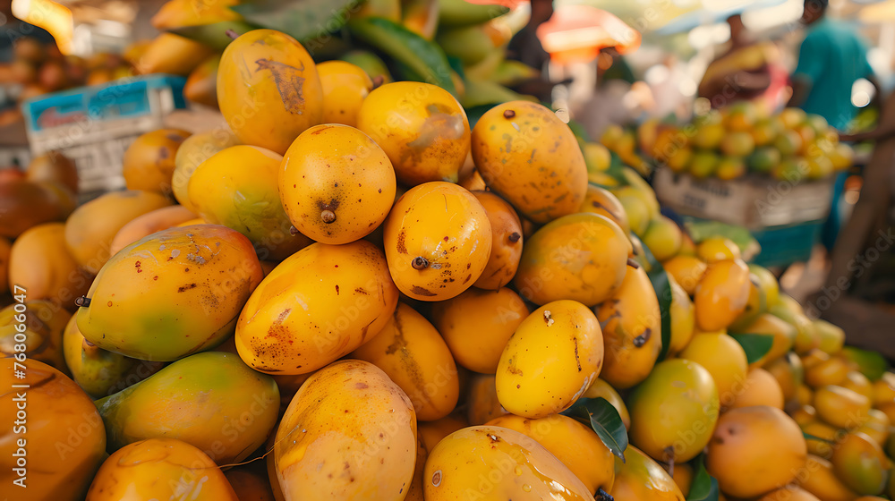 A heap of ripe, golden mangoes at a fruit market