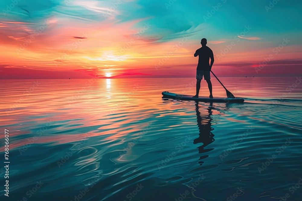 Man stands on a paddleboard, navigating calm waters as the sunset, Generative AI