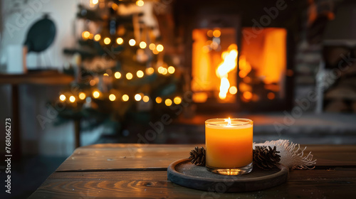 Scented candle on a fireplace in a cottage