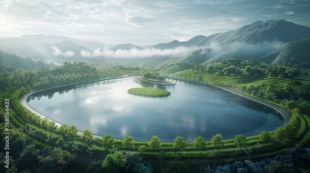 A serene circular lake forms the centerpiece of a tranquil, green landscape, enveloped by rolling misty hills under a gentle morning sky. - obrazy, fototapety, plakaty 
