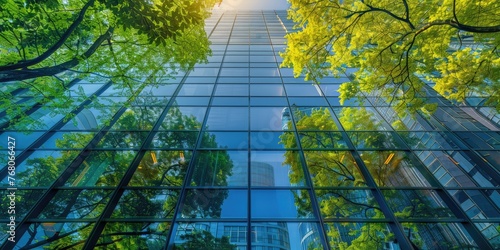 The facade of a corporate glass building reflects green. Generative Ai