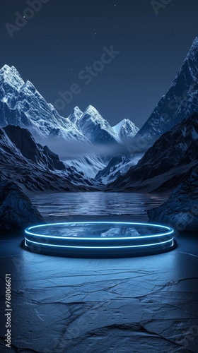 A modern technology circular platform with blue light strip lines around the platform, mountains on both sides for decoration, light sources spreading from the middle, dark background.