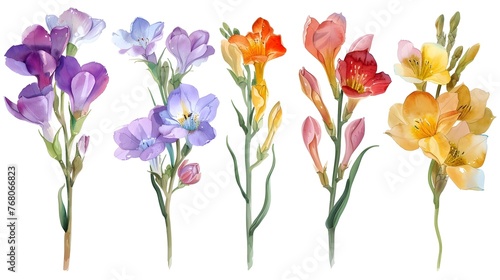 Vibrant Watercolor Freesia Floral Display with Fragrant Blooms in Various Colors