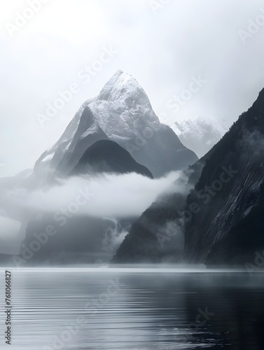 Mitre Peak Shrouded in Mist and Fog Reflecting in the Calm Waters of Milford Sound,South Island,New Zealand