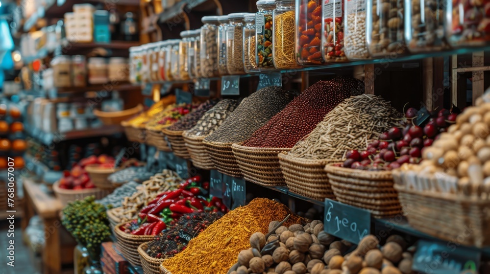 Assorted spices and grains in wicker baskets at an organic market, showcasing a variety of textures and colors.