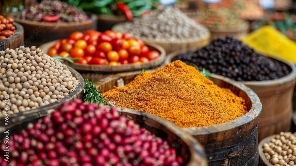 Vibrant display of fresh spices and ingredients in a traditional market setting, offering a feast for the senses with varied colors and shapes.