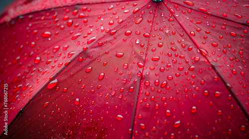 Close-up photo of red umbrella showing a large number of raindrops. Umbrella helps you shelter from bad weather and stand out stylishly in such weather.