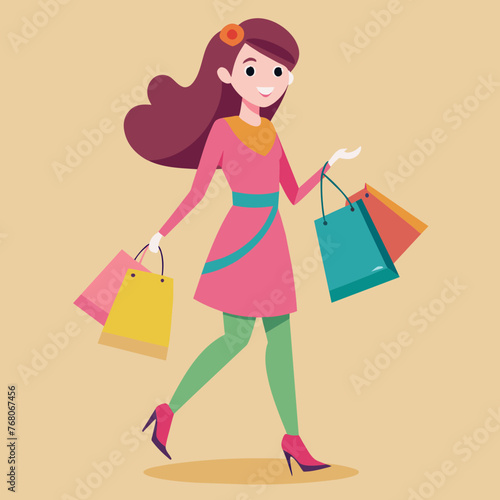 Enchanting Elegance Captivating Fashion Illustration of a Beautiful Girl Shopping