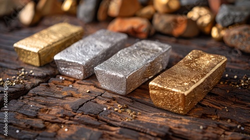 Precious gold and silver bars displayed on rustic wood, showcasing wealth and precious metal investment.