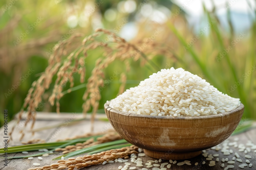 A bowl of white rice with paddy plants field