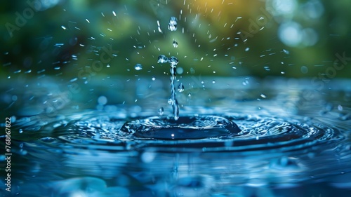 A close-up shot of a pristine water droplet impact  creating a dynamic ripple effect on a serene blue water surface.