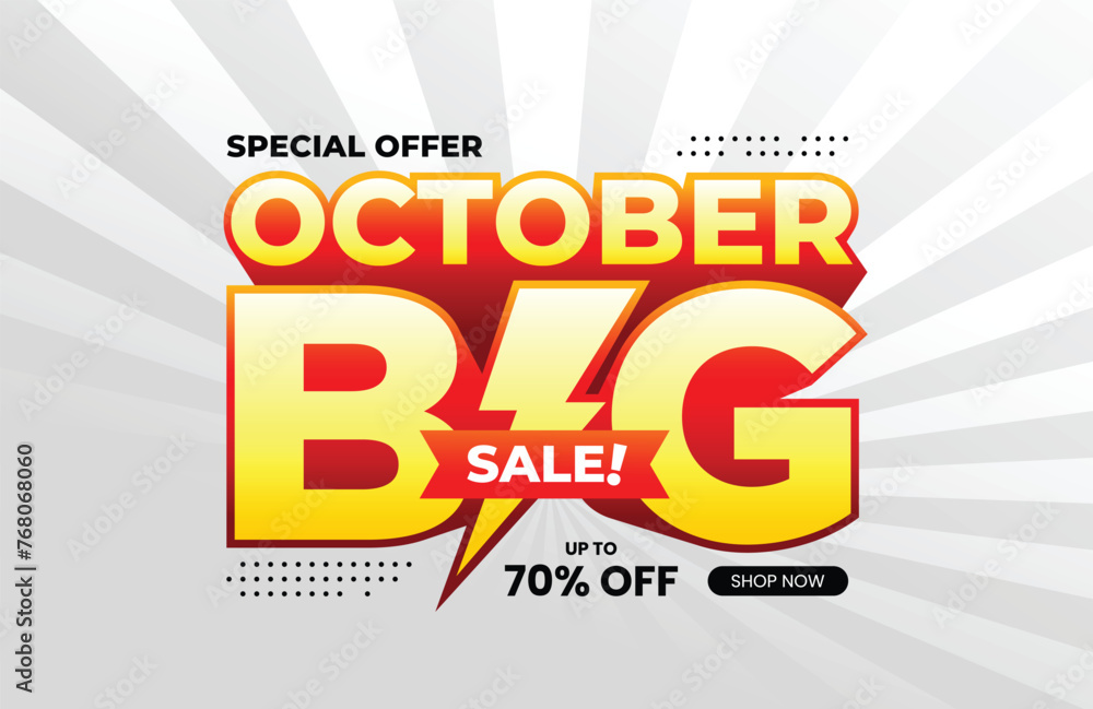 October Big Sale text with extrude effect and lightning icon. For banner, poster, header, logo, template, social media, website. Vector Illustration