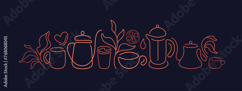 Tea cup, kettle, green leaves. Line golden border