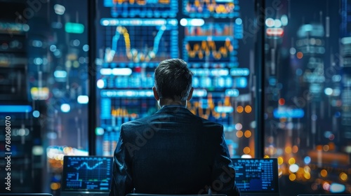 Rear view of a man observing extensive stock market data on screens with a futuristic cityscape background at night.