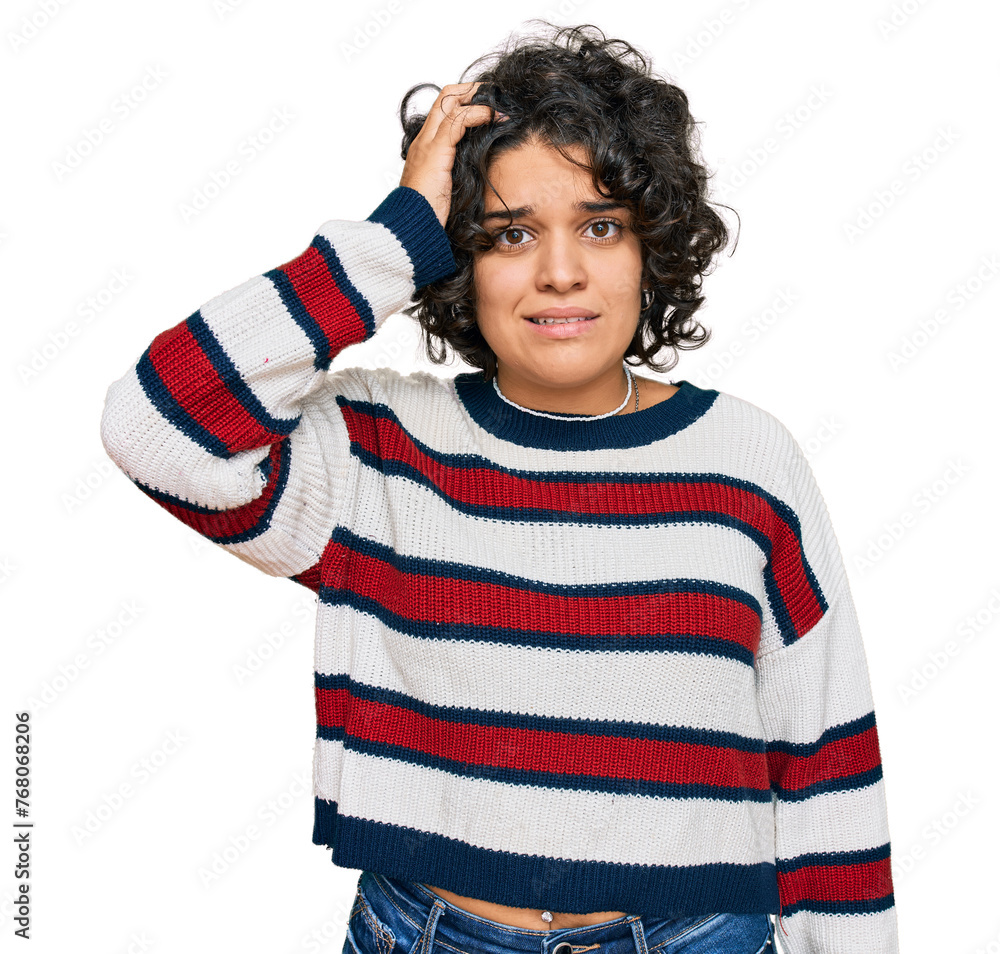 Young hispanic woman with curly hair wearing casual clothes confuse and wonder about question. uncertain with doubt, thinking with hand on head. pensive concept. Young hispanic woman with curly hair wearing casual clothes confuse and wonder about question. uncertain with doubt, thinking with hand on head. pensive concept.