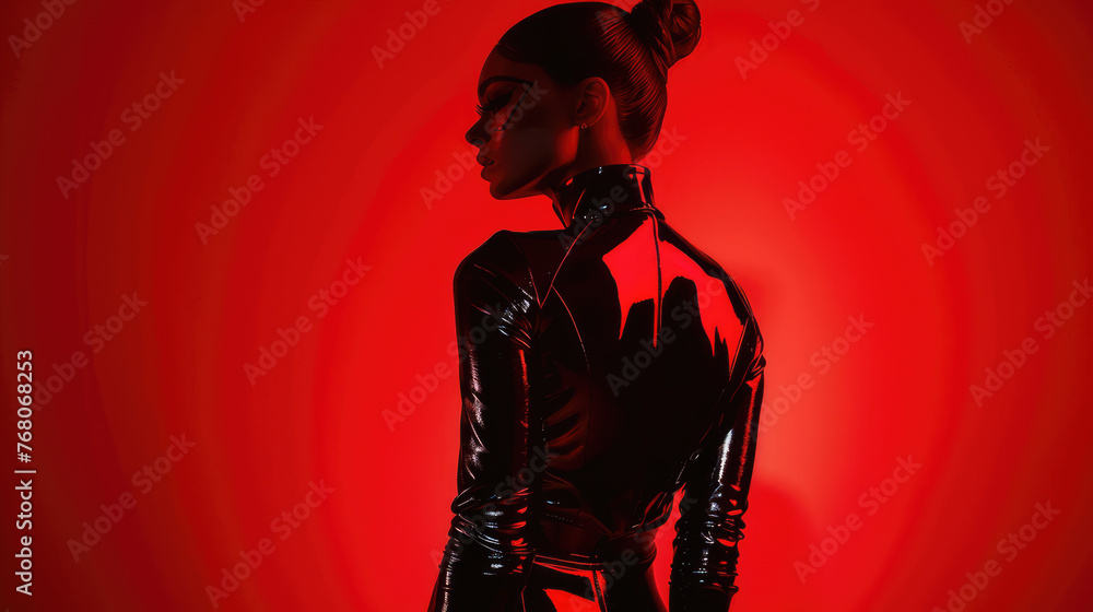 Naklejka premium Woman in a beautiful latex suit on a black and red background