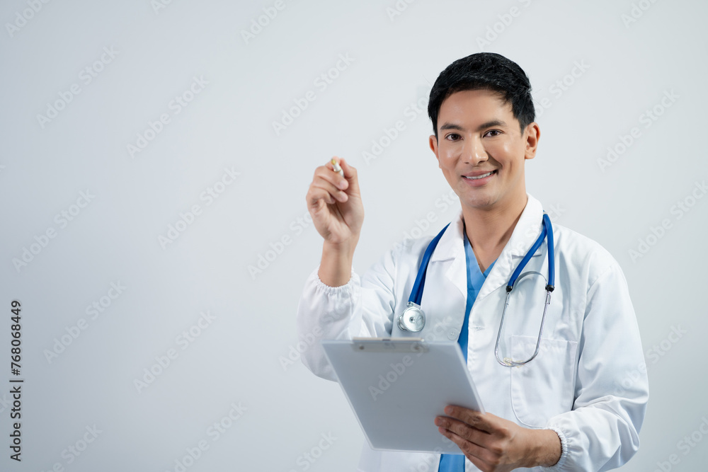 Doctor use tablet pc computer blank screen workspace isolated on green background. Doctor use tablet pc computer blank screen workspace isolated on green background.