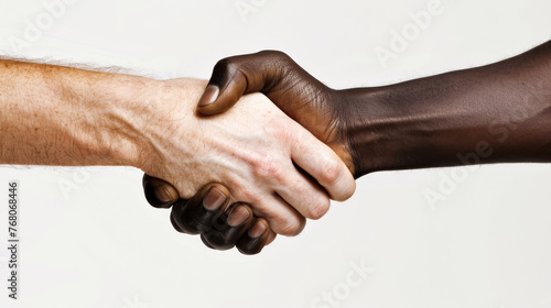 Multiracial Handshake on White Background Signifying Unity, A close-up of a handshake between a Caucasian and an African hand against a white background, symbolizing racial harmony and cooperation.